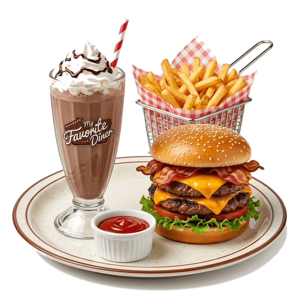 A bacon cheeseburger with fries and a milkshake on a diner plate